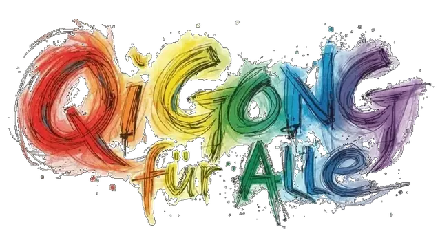 Bunte, handgezeichnete Schrift 'Qi Gong für Alle' in lebendigen Farben von Rot bis Violett auf weißem Hintergrund.