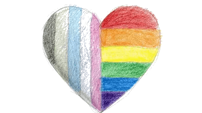 Herz, links in den Farben Schwarz, Grau, Weiß, Hellblau und Rosa, rechts in den Regenbogenfarben Rot, Orange, Gelb, Grün, Blau und Violett, Buntstiftzeichnung.