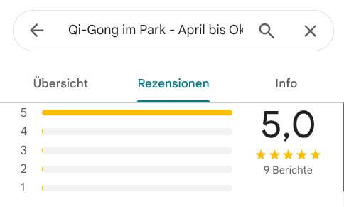 Bewertungsübersicht für Qi-Gong im Park mit einer Gesamtbewertung von 5,0 Sternen basierend auf neun Berichten.