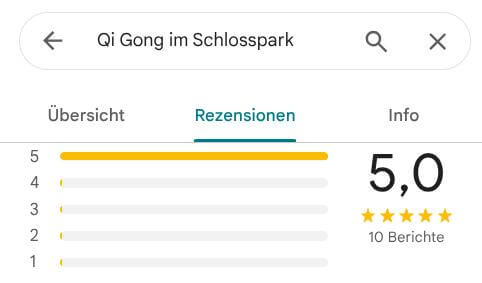 Bewertungsübersicht mit 5-Sterne-Bewertung und Gesamtbewertung 5,0 basierend auf 10 Berichten für Qi Gong im Schlosspark